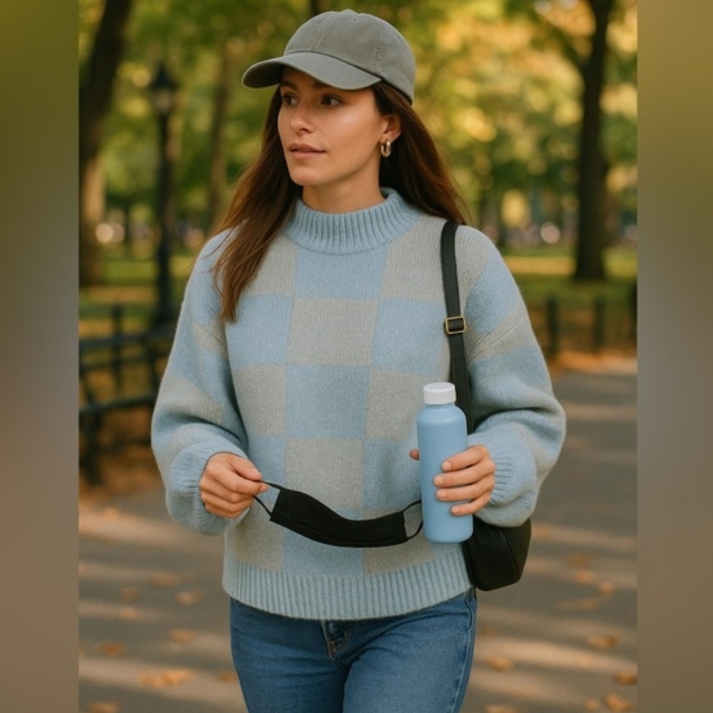 Stylish Blue Checkered Women's Sweater